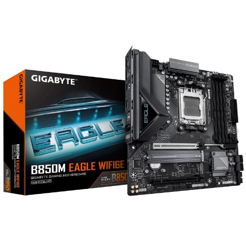 GIGABYTE B850M EAGLE WIFI6E Motherboard - AMD Ryzen 9000 Series CPUs, 8+2+2 Phases Digital VRM, up to 8200MHz DDR5 (OC), 1xPCIe 5.0 + 1xPCIe 4.0 M.2, WIFI 6E, 2.5 GbE LAN, USB 3.2 Gen 2
