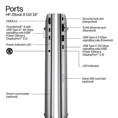 HP ZBook 8 G2i 16 inch Mobile Workstation PC - Data Science Copilot+ PC Intel Core Ultra 7 356H 40.6 cm (16") WUXGA 16 GB DDR5-SDRAM 512 GB SSD Wi-Fi 7 (802.11be) Windows 11 Pro AI Workstation, AI PC Silver