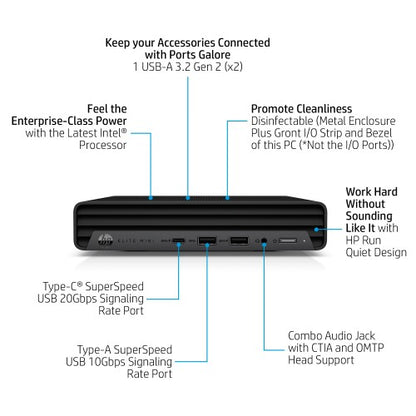 HP Elite 800 G9 Intel® Core™ i5 i5-12500T 8 GB DDR5-SDRAM 256 GB SSD Windows 11 Pro Mini PC Black