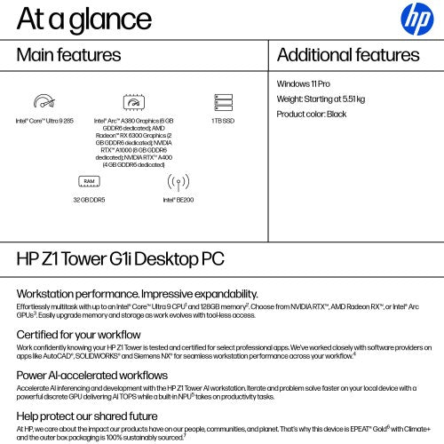 HP Z1 Tower G1i Intel Core Ultra 9 285 32 GB DDR5-SDRAM 1 TB SSD Windows 11 Pro Workstation AI Workstation, AI PC Black