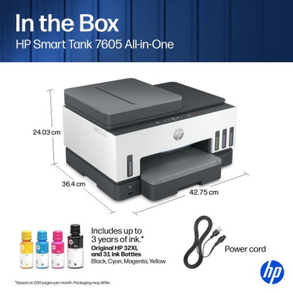 HP Smart Tank 7605 Wireless All-in-One Color Printer, Two-sided printing; Copier, Scanner