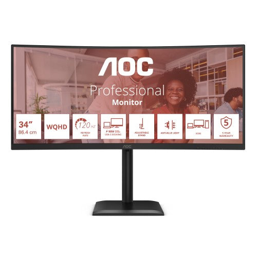 AOC E4 CU34E4CV computer monitor 86.4 cm (34") 3440 x 1440 pixels UltraWide Quad HD LCD Black