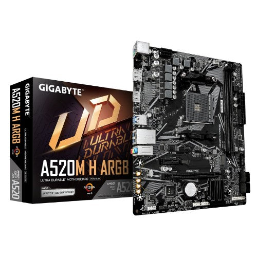 GIGABYTE A520M H ARGB Motherboard - Supports AMD Ryzen 5000 Series CPUs, up to 5100MHz DDR4 (OC), PCIe 3.0 x4 M.2, 1 GbE LAN, USB 3.2 Gen 1