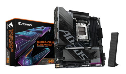 GIGABYTE B840M AORUS ELITE WIFI6E Motherboard - AMD Ryzen 9000 CPUs, 10+2+2 Phases VRM, up to 8200MHz DDR5(O.C), 2xPCIe 4.0 M.2, Wi-Fi 6E, 2.5GbE LAN, USB 3.2 Gen 2