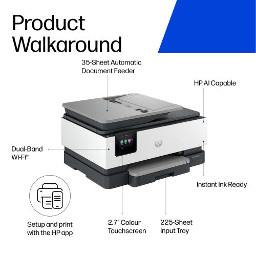 HP OfficeJet Pro 8125e Wireless All-in-One Color Printer, Instant Ink; Two-sided printing