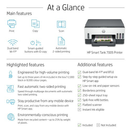HP Smart Tank 7005 Wireless All-in-One Color Printer, Two-sided printing; Copier, Scanner